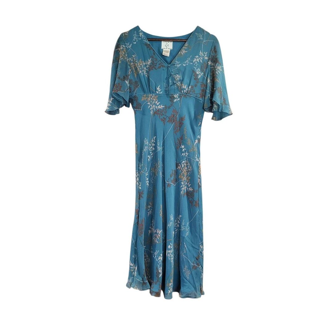 Vintage Y2K Dress Women's 6 Teal Floral Asian Inspired Garden Silk Midi